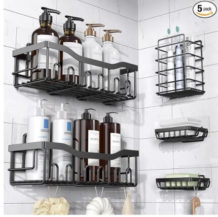 Adhesive Shower Caddy, 5 Pack Rustproof Stainless Steel Bath Organizers With Large Capacity, No Drilling Shelves for Bathroom Storage & Home Decor